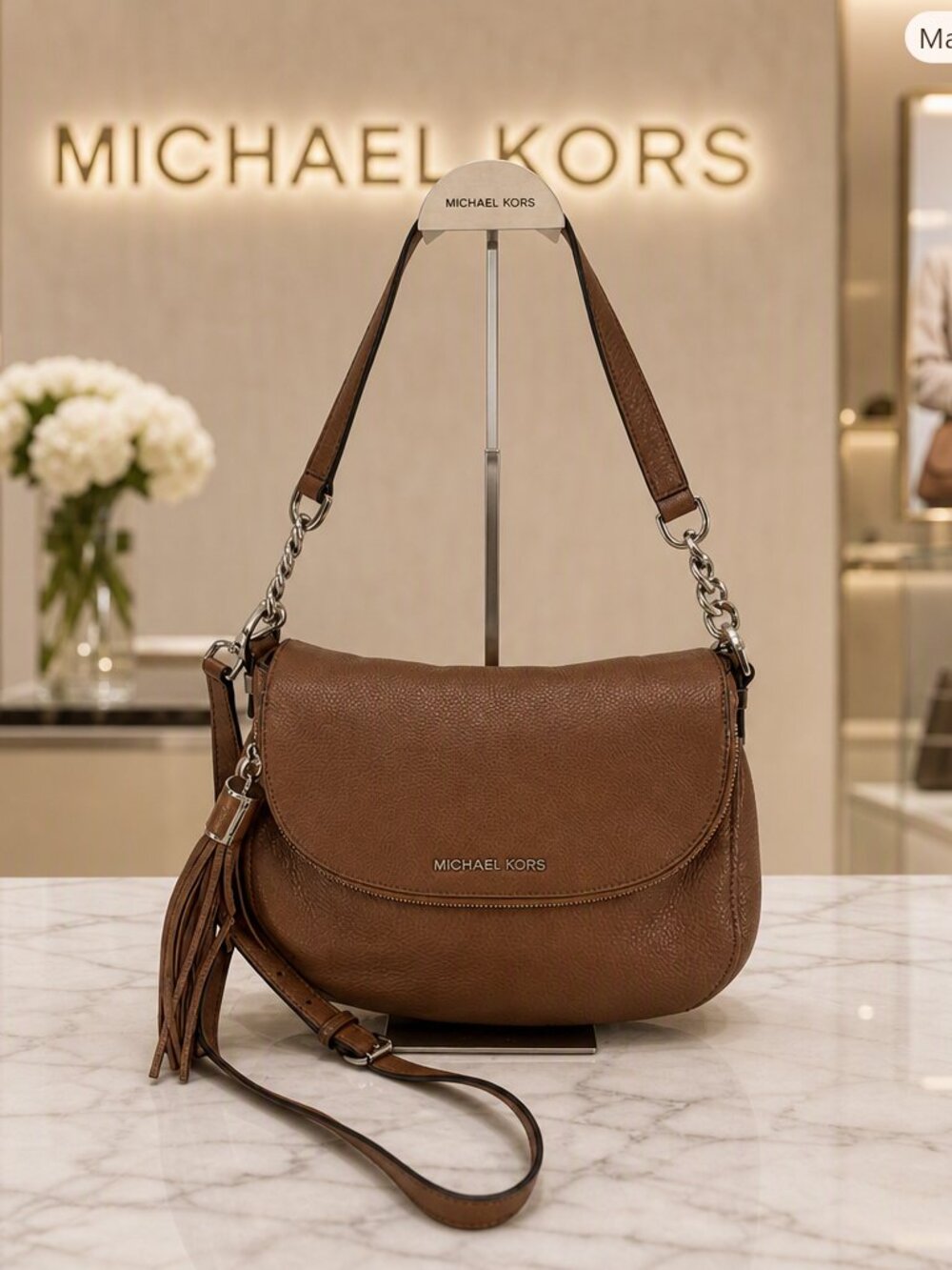MICHAEL Michael Kors Cognac Pebbled Leather Shoulder Bag with Tassel